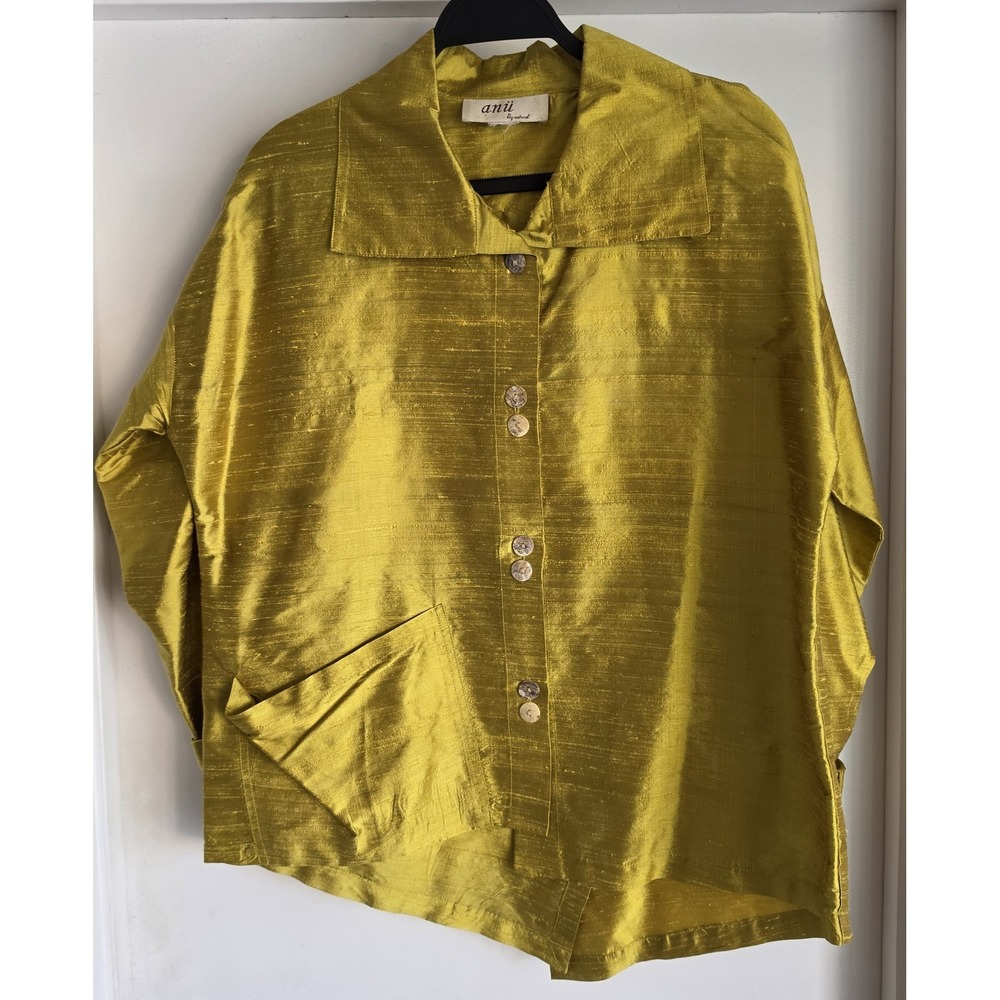 Anii By Natural Women Blouse Gold 3/4 Sleeve Boho Top Shirt Tunic Textured Artsy